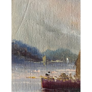 ANTICO DIPINTO A. Brioschi PAESAGGIO LACUSTRE BARCHE TRAMONTO PESCATORI '900