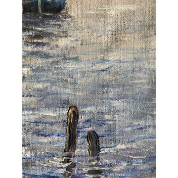 ANTICO DIPINTO A. Brioschi PAESAGGIO LACUSTRE BARCHE TRAMONTO PESCATORI '900