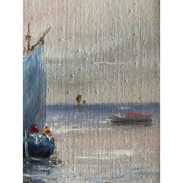 ANTICO DIPINTO A. Brioschi PAESAGGIO LACUSTRE BARCHE TRAMONTO PESCATORI '900