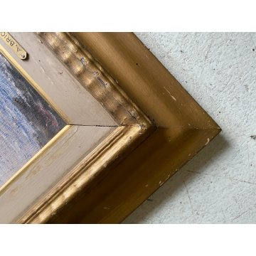 ANTICO DIPINTO A. Brioschi PAESAGGIO LACUSTRE BARCHE TRAMONTO PESCATORI '900