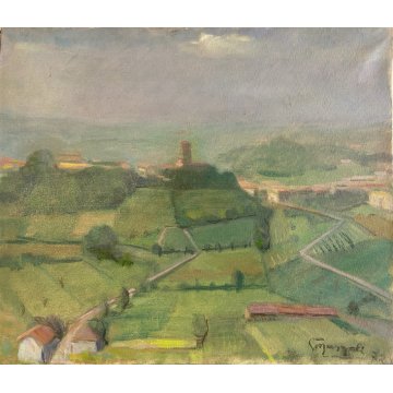 DIPINTO OLIO Gino Mazzoli PAESAGGIO COLLINE MONFERRATO DA Madonna dei Monti '72
