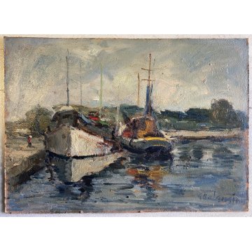 DIPINTO OLIO MASONITE G. Balansino PAESAGGIO MARINO BARCONI IN SOSTA  '79