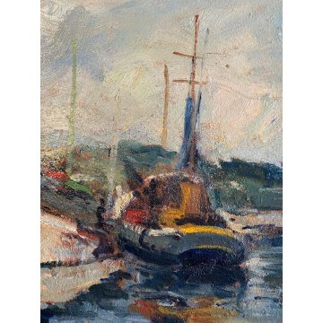 DIPINTO OLIO MASONITE G. Balansino PAESAGGIO MARINO BARCONI IN SOSTA  '79