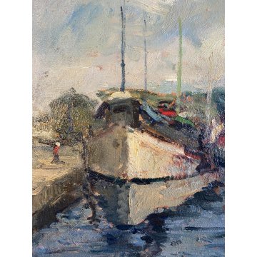 DIPINTO OLIO MASONITE G. Balansino PAESAGGIO MARINO BARCONI IN SOSTA  '79