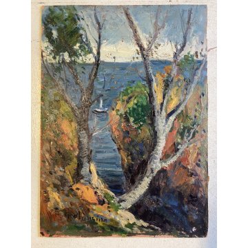 DIPINTO OLIO G. Balansino PAESAGGIO MARINO "Costa Brava" SCORCIO BARCA VELA '70