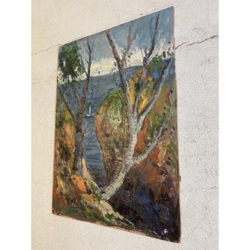 DIPINTO OLIO G. Balansino PAESAGGIO MARINO "Costa Brava" SCORCIO BARCA VELA '70