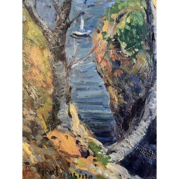 DIPINTO OLIO G. Balansino PAESAGGIO MARINO "Costa Brava" SCORCIO BARCA VELA '70