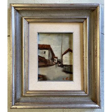 QUADRO DIPINTO OLIO D. Bot(?) PAESAGGIO URBANO ANTICO BORGO FIGURE CASE STRADA