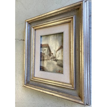 QUADRO DIPINTO OLIO D. Bot(?) PAESAGGIO URBANO ANTICO BORGO FIGURE CASE STRADA