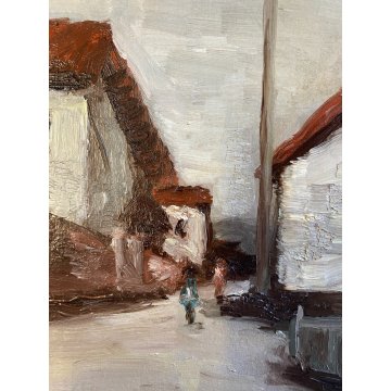 QUADRO DIPINTO OLIO D. Bot(?) PAESAGGIO URBANO ANTICO BORGO FIGURE CASE STRADA