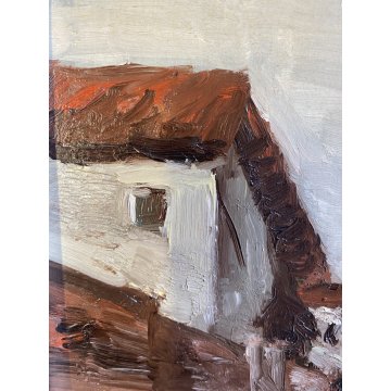 QUADRO DIPINTO OLIO D. Bot(?) PAESAGGIO URBANO ANTICO BORGO FIGURE CASE STRADA