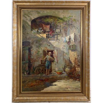 GRANDE QUADRO DIPINTO OLIO G. Solenghi SCENA GENERE "Cortile rustico" CONTADINA