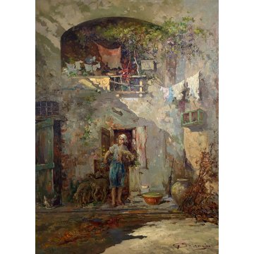 GRANDE QUADRO DIPINTO OLIO G. Solenghi SCENA GENERE "Cortile rustico" CONTADINA