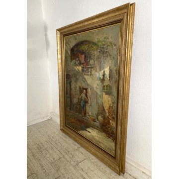 GRANDE QUADRO DIPINTO OLIO G. Solenghi SCENA GENERE "Cortile rustico" CONTADINA