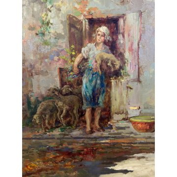 GRANDE QUADRO DIPINTO OLIO G. Solenghi SCENA GENERE "Cortile rustico" CONTADINA