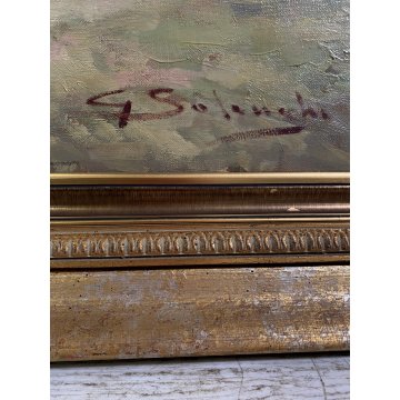 GRANDE QUADRO DIPINTO OLIO G. Solenghi SCENA GENERE "Cortile rustico" CONTADINA