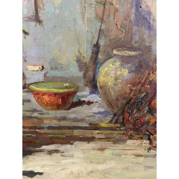 GRANDE QUADRO DIPINTO OLIO G. Solenghi SCENA GENERE "Cortile rustico" CONTADINA