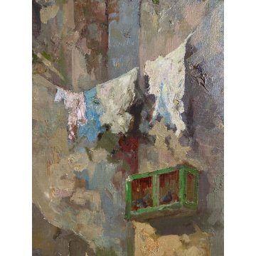 GRANDE QUADRO DIPINTO OLIO G. Solenghi SCENA GENERE "Cortile rustico" CONTADINA