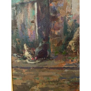 GRANDE QUADRO DIPINTO OLIO G. Solenghi SCENA GENERE "Cortile rustico" CONTADINA