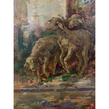GRANDE QUADRO DIPINTO OLIO G. Solenghi SCENA GENERE "Cortile rustico" CONTADINA
