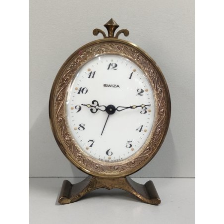 Swiza OROLOGIO TAVOLO OVALE suoneria DECO anni 60 OTTONE DORATO Old Alarm Clock