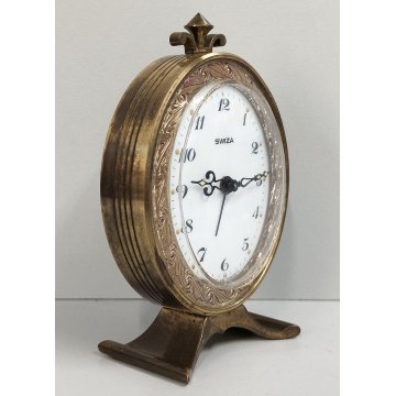 Swiza OROLOGIO TAVOLO OVALE suoneria DECO anni 60 OTTONE DORATO Old Alarm Clock