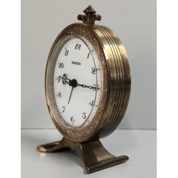 Swiza OROLOGIO TAVOLO OVALE suoneria DECO anni 60 OTTONE DORATO Old Alarm Clock