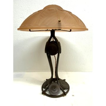 LAMPADA TAVOLO ABATJOUR ART NOUVEAU FERRO BATTUTO VETRO SATINATO 2 LUCI 47 cm/h