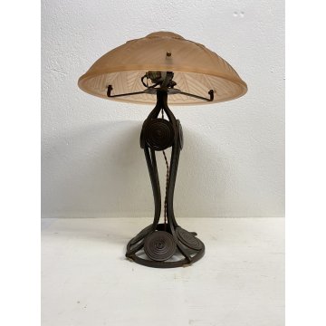 LAMPADA TAVOLO ABATJOUR ART NOUVEAU FERRO BATTUTO VETRO SATINATO 2 LUCI 47 cm/h