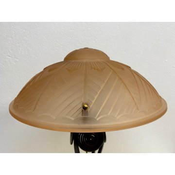 LAMPADA TAVOLO ABATJOUR ART NOUVEAU FERRO BATTUTO VETRO SATINATO 2 LUCI 47 cm/h