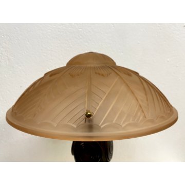LAMPADA TAVOLO ABATJOUR ART NOUVEAU FERRO BATTUTO VETRO SATINATO 2 LUCI 47 cm/h