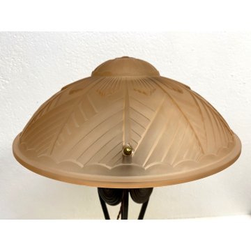 LAMPADA TAVOLO ABATJOUR ART NOUVEAU FERRO BATTUTO VETRO SATINATO 2 LUCI 47 cm/h