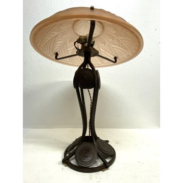 LAMPADA TAVOLO ABATJOUR ART NOUVEAU FERRO BATTUTO VETRO SATINATO 2 LUCI 47 cm/h