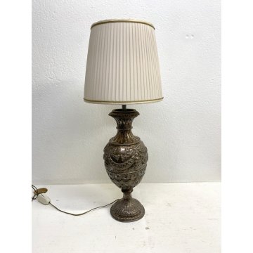 LAMPADA TAVOLO CLASSICA ABATJOUR METALLO ARGENTATO DECORO A SBALZO 1 LUCE 58cm/h