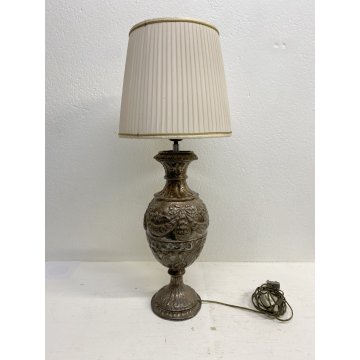 LAMPADA TAVOLO CLASSICA ABATJOUR METALLO ARGENTATO DECORO A SBALZO 1 LUCE 58cm/h