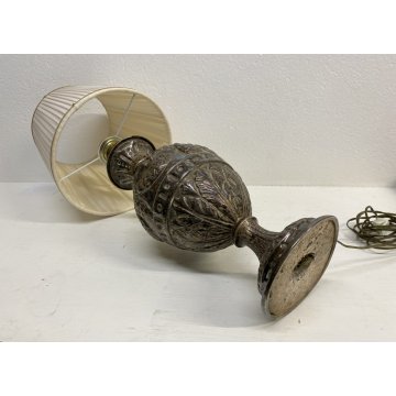 LAMPADA TAVOLO CLASSICA ABATJOUR METALLO ARGENTATO DECORO A SBALZO 1 LUCE 58cm/h