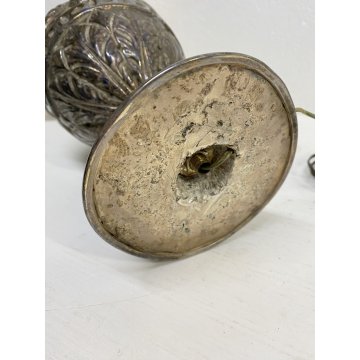 LAMPADA TAVOLO CLASSICA ABATJOUR METALLO ARGENTATO DECORO A SBALZO 1 LUCE 58cm/h
