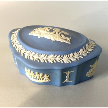 SCATOLA OVALE COPERCHIO Wedgwood blue PORCELLANA BISCUIT DECORO NEOCLASSICO 11cm