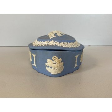SCATOLA OVALE COPERCHIO Wedgwood blue PORCELLANA BISCUIT DECORO NEOCLASSICO 11cm