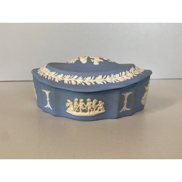SCATOLA OVALE COPERCHIO Wedgwood blue PORCELLANA BISCUIT DECORO NEOCLASSICO 11cm