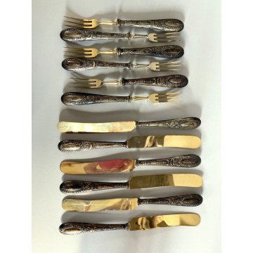 SET POSATE DESSERT VITTORIANE 6 Pers. METALLO DORATO ARGENTO 800 PUNZONATO 12pz