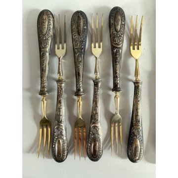 SET POSATE DESSERT VITTORIANE 6 Pers. METALLO DORATO ARGENTO 800 PUNZONATO 12pz