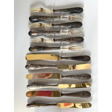 SET POSATE DESSERT VITTORIANE 6 Pers. METALLO DORATO ARGENTO 800 PUNZONATO 12pz
