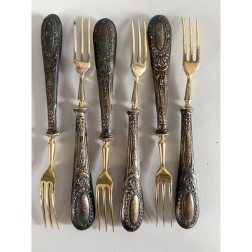 SET POSATE DESSERT VITTORIANE 6 Pers. METALLO DORATO ARGENTO 800 PUNZONATO 12pz