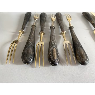 SET POSATE DESSERT VITTORIANE 6 Pers. METALLO DORATO ARGENTO 800 PUNZONATO 12pz