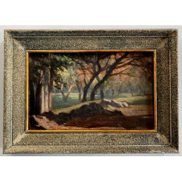 ANTICO QUADRO OLIO Carlo Pianca PAESAGGIO AUTUNNALE SOTTO BOSCO 23 x 15cm  '900