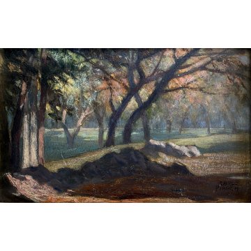 ANTICO QUADRO OLIO Carlo Pianca PAESAGGIO AUTUNNALE SOTTO BOSCO 23 x 15cm  '900