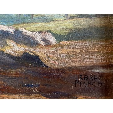 ANTICO QUADRO OLIO Carlo Pianca PAESAGGIO AUTUNNALE SOTTO BOSCO 23 x 15cm  '900