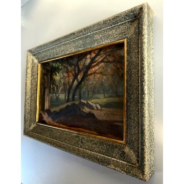 ANTICO QUADRO OLIO Carlo Pianca PAESAGGIO AUTUNNALE SOTTO BOSCO 23 x 15cm  '900