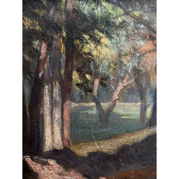 ANTICO QUADRO OLIO Carlo Pianca PAESAGGIO AUTUNNALE SOTTO BOSCO 23 x 15cm  '900